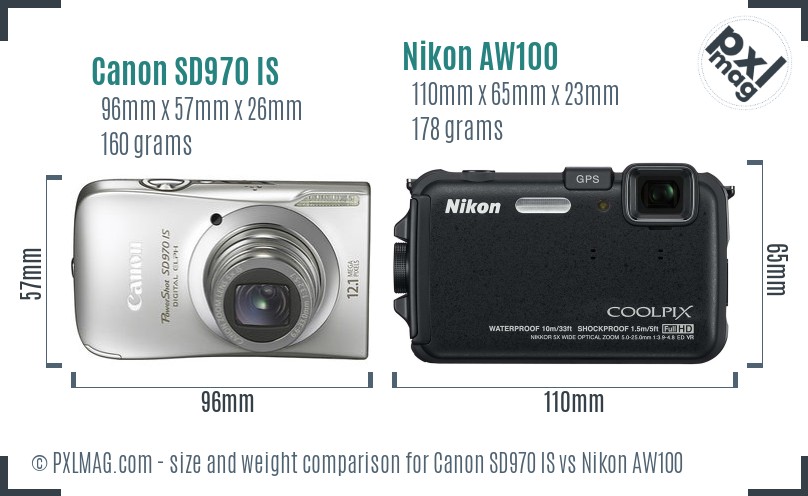 Canon SD970 IS vs Nikon AW100 size comparison Canon SD970 IS vs Nikon AW100 size comparison