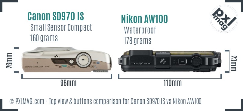 Canon SD970 IS vs Nikon AW100 top view buttons comparison