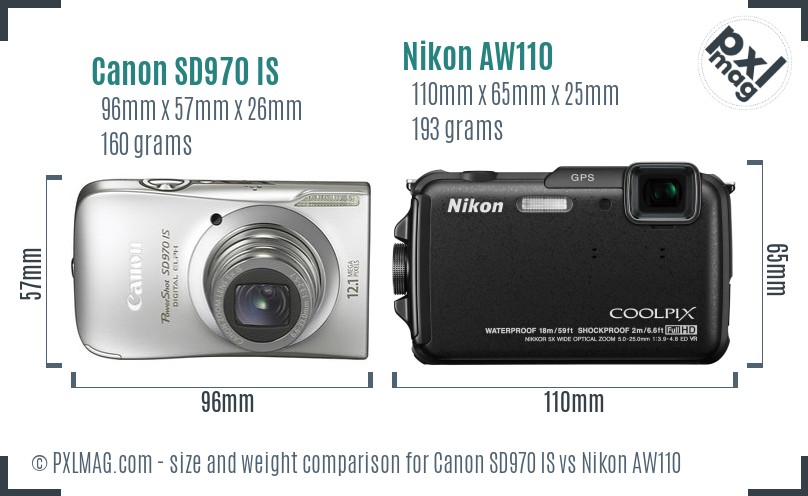 Canon SD970 IS vs Nikon AW110 size comparison Canon SD970 IS vs Nikon AW110 size comparison