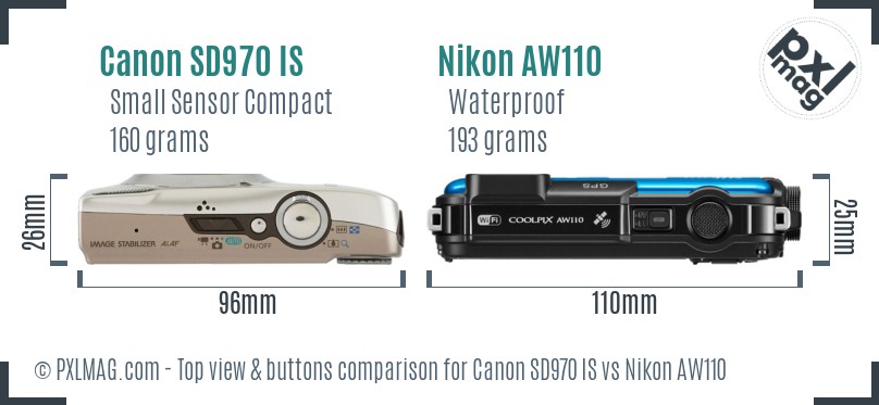 Canon SD970 IS vs Nikon AW110 top view buttons comparison