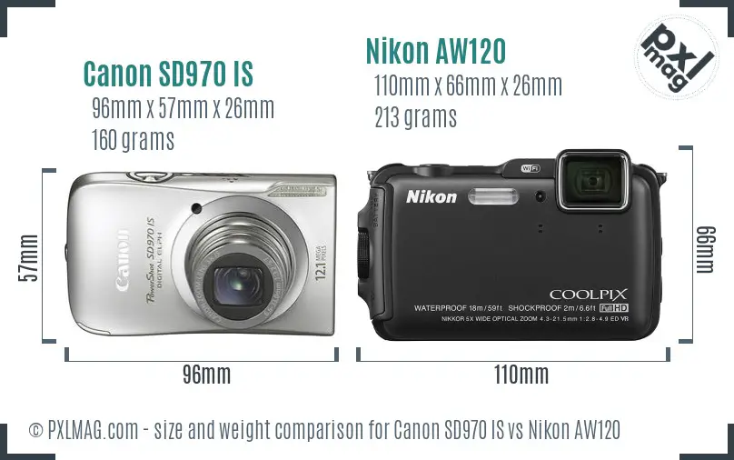 Canon SD970 IS vs Nikon AW120 size comparison