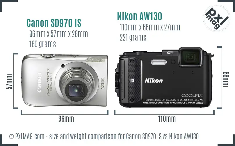 Canon SD970 IS vs Nikon AW130 size comparison