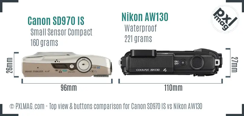 Canon SD970 IS vs Nikon AW130 top view buttons comparison