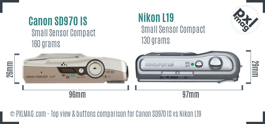 Canon SD970 IS vs Nikon L19 top view buttons comparison