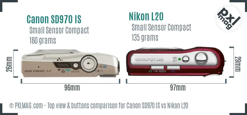 Canon SD970 IS vs Nikon L20 top view buttons comparison Canon SD970 IS vs Nikon L20 top view buttons comparison