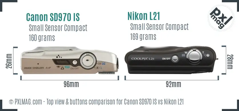 Canon SD970 IS vs Nikon L21 top view buttons comparison