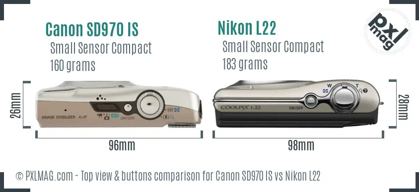 Canon SD970 IS vs Nikon L22 top view buttons comparison