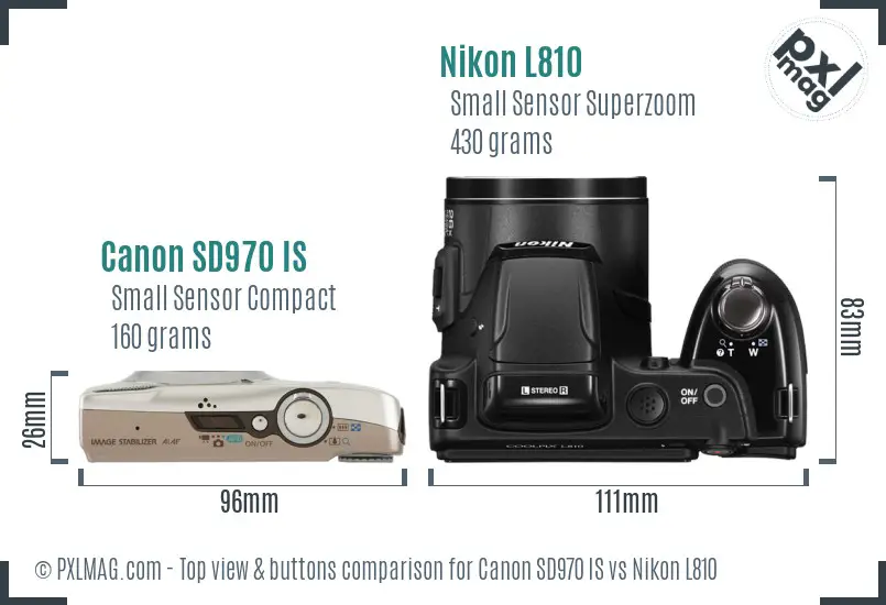 Canon SD970 IS vs Nikon L810 top view buttons comparison Canon SD970 IS vs Nikon L810 top view buttons comparison