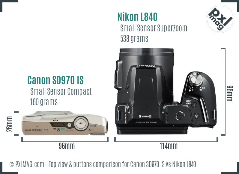 Canon SD970 IS vs Nikon L840 top view buttons comparison