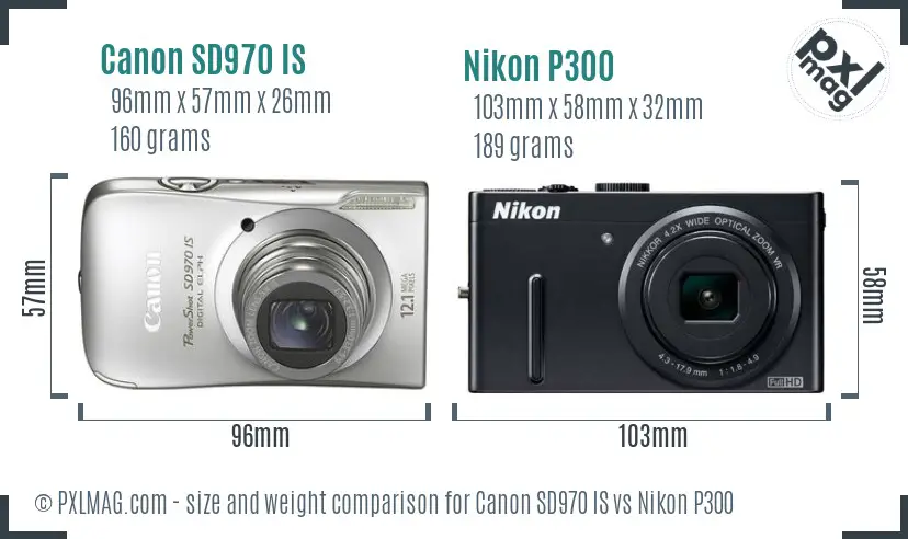 Canon SD970 IS vs Nikon P300 size comparison