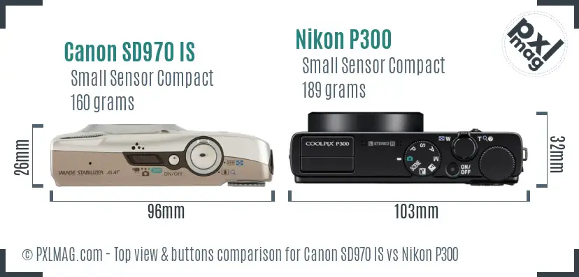 Canon SD970 IS vs Nikon P300 top view buttons comparison