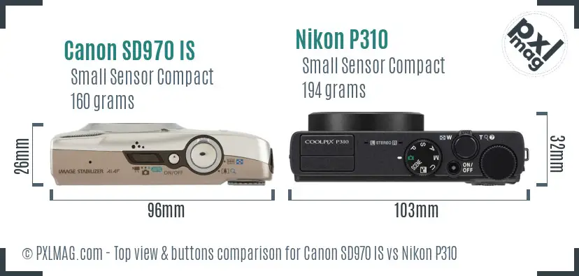 Canon SD970 IS vs Nikon P310 top view buttons comparison