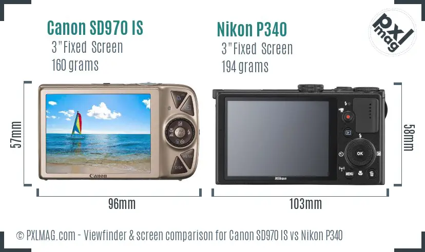 Canon SD970 IS vs Nikon P340 Screen and Viewfinder comparison