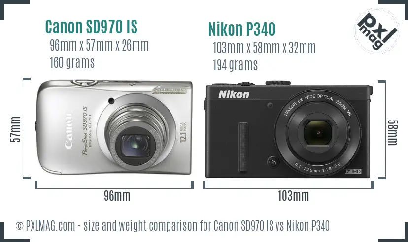 Canon SD970 IS vs Nikon P340 size comparison