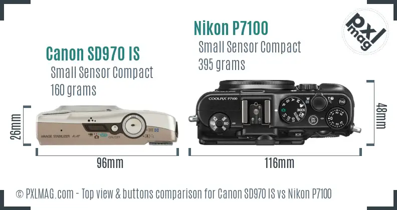 Canon SD970 IS vs Nikon P7100 top view buttons comparison