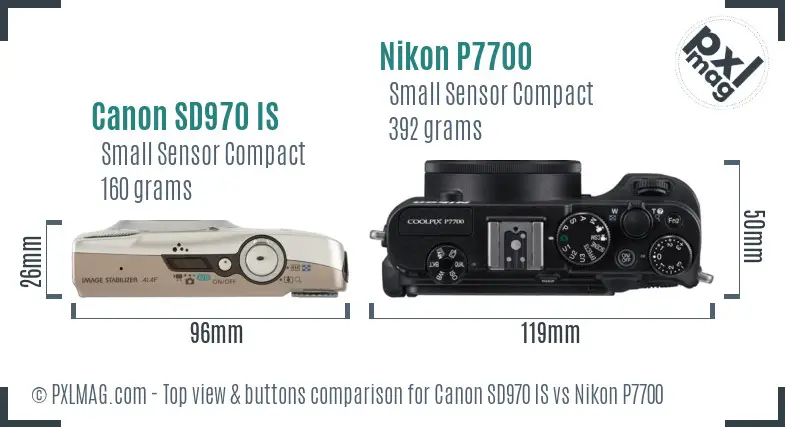Canon SD970 IS vs Nikon P7700 top view buttons comparison