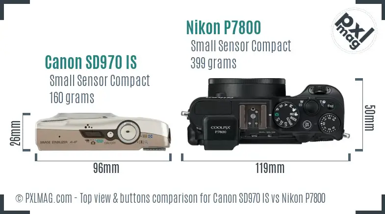 Canon SD970 IS vs Nikon P7800 top view buttons comparison