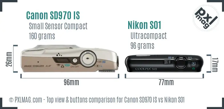 Canon SD970 IS vs Nikon S01 top view buttons comparison