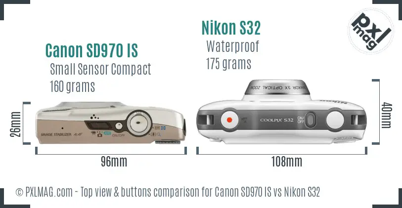 Canon SD970 IS vs Nikon S32 top view buttons comparison