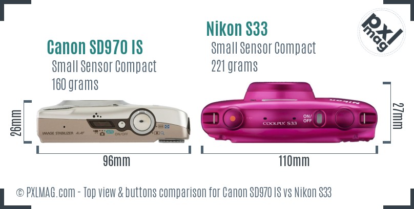 Canon SD970 IS vs Nikon S33 top view buttons comparison