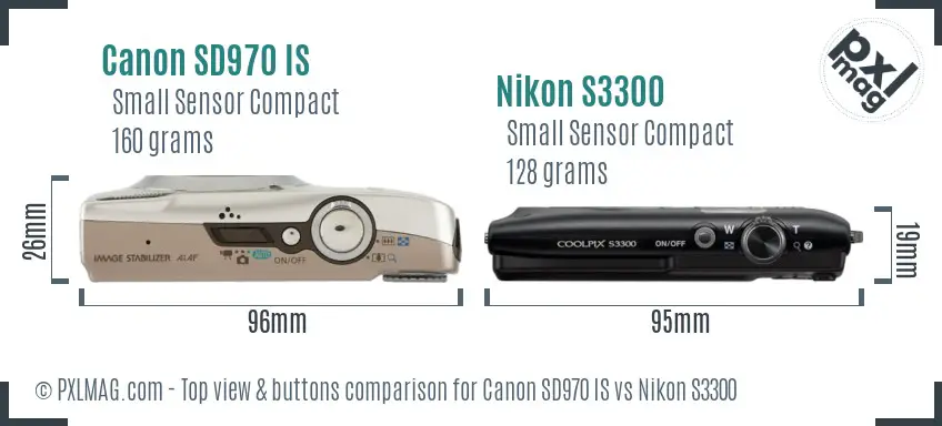 Canon SD970 IS vs Nikon S3300 top view buttons comparison