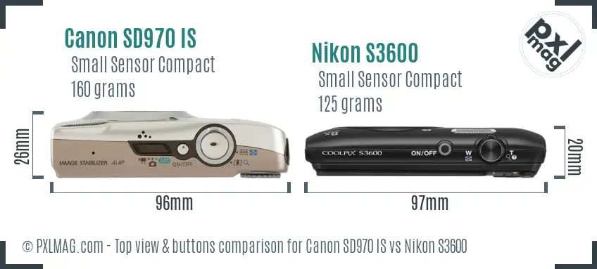 Canon SD970 IS vs Nikon S3600 top view buttons comparison