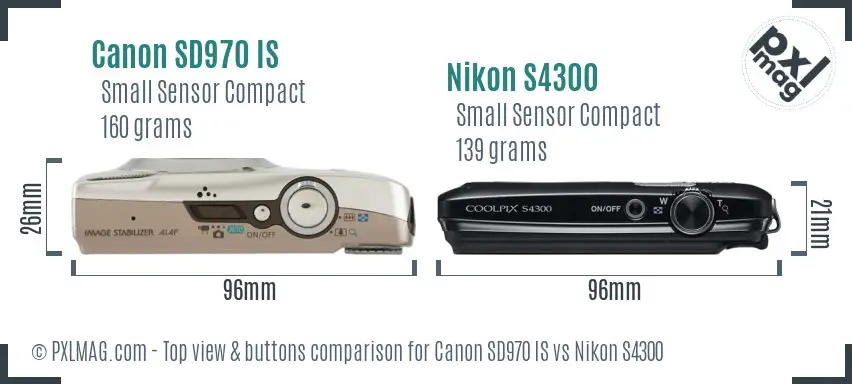 Canon SD970 IS vs Nikon S4300 top view buttons comparison
