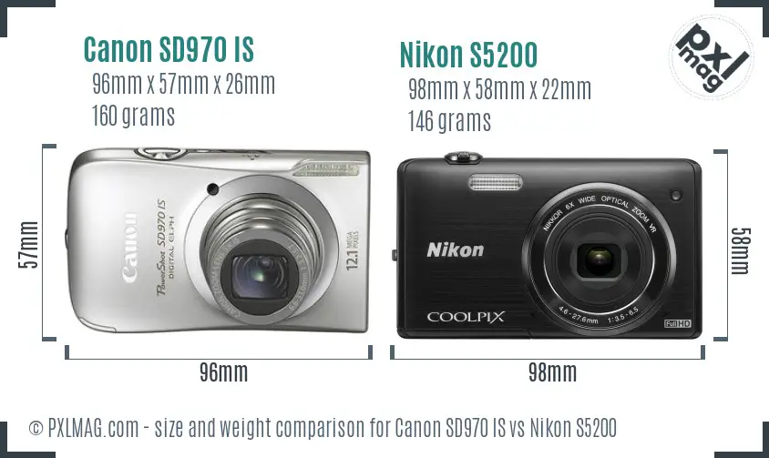 Canon SD970 IS vs Nikon S5200 size comparison