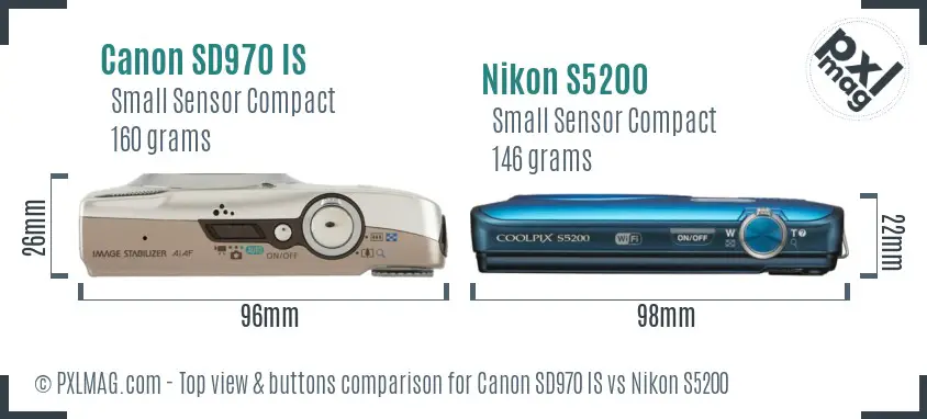 Canon SD970 IS vs Nikon S5200 top view buttons comparison