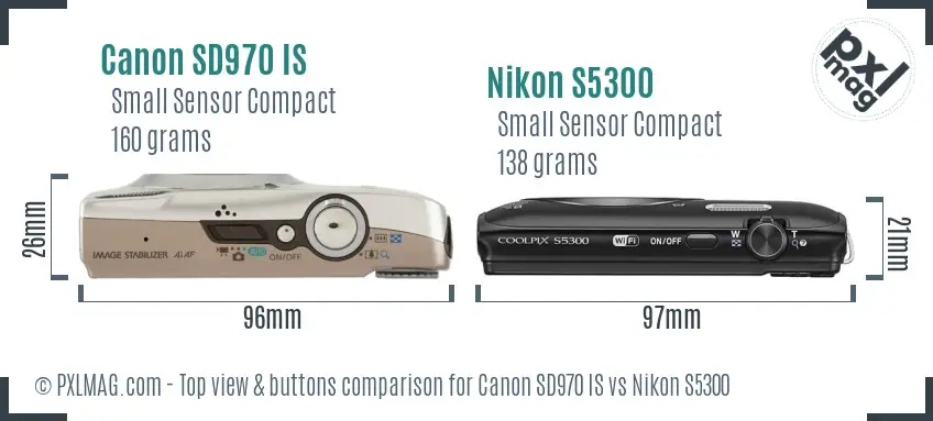 Canon SD970 IS vs Nikon S5300 top view buttons comparison Canon SD970 IS vs Nikon S5300 top view buttons comparison