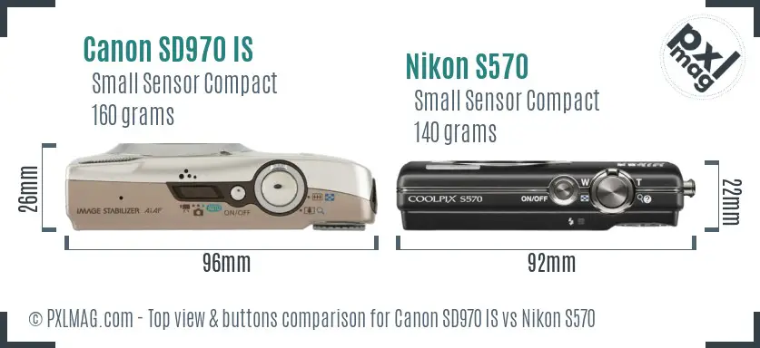Canon SD970 IS vs Nikon S570 top view buttons comparison