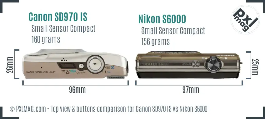 Canon SD970 IS vs Nikon S6000 top view buttons comparison