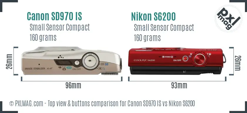 Canon SD970 IS vs Nikon S6200 top view buttons comparison