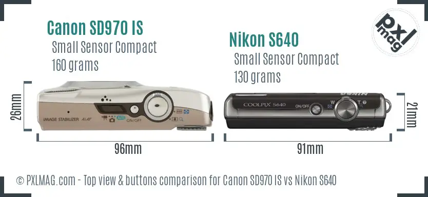 Canon SD970 IS vs Nikon S640 top view buttons comparison