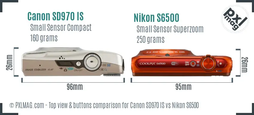 Canon SD970 IS vs Nikon S6500 top view buttons comparison