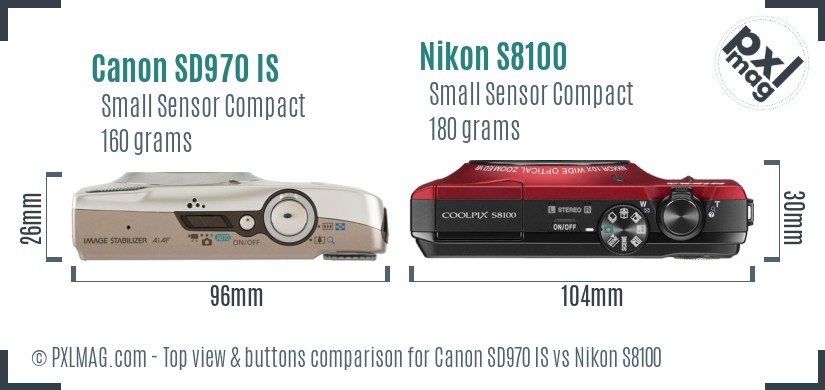 Canon SD970 IS vs Nikon S8100 top view buttons comparison