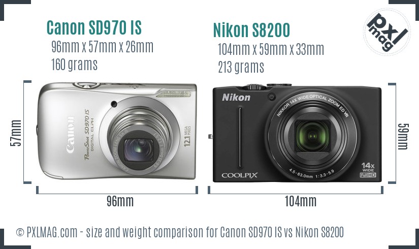 Canon SD970 IS vs Nikon S8200 size comparison