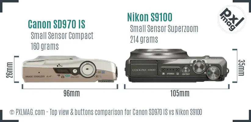 Canon SD970 IS vs Nikon S9100 top view buttons comparison Canon SD970 IS vs Nikon S9100 top view buttons comparison