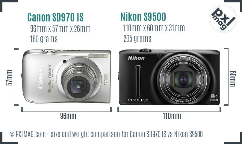 Canon SD970 IS vs Nikon S9500 size comparison