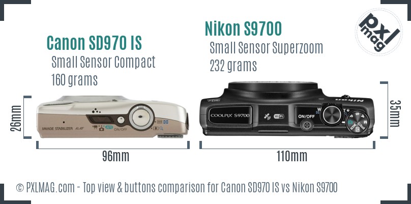 Canon SD970 IS vs Nikon S9700 top view buttons comparison