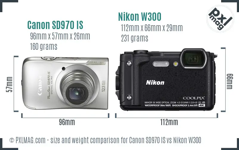 Canon SD970 IS vs Nikon W300 size comparison