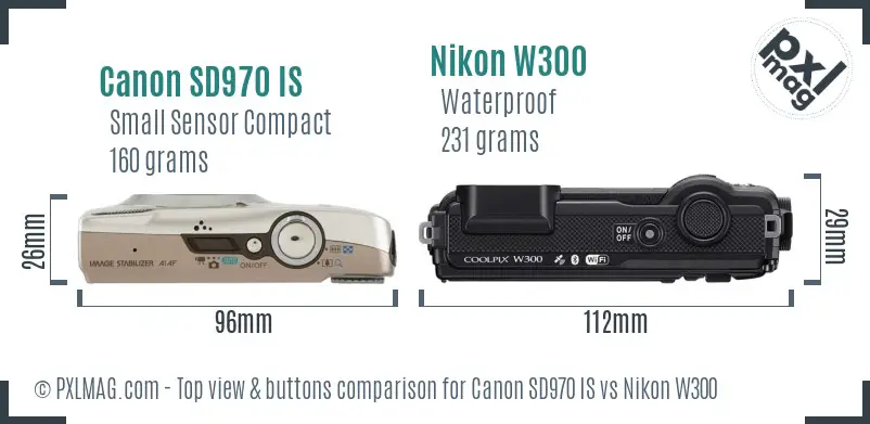 Canon SD970 IS vs Nikon W300 top view buttons comparison