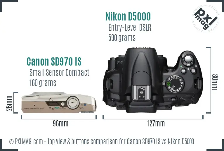 Canon SD970 IS vs Nikon D5000 top view buttons comparison