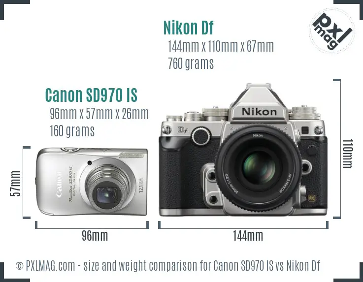 Canon SD970 IS vs Nikon Df size comparison