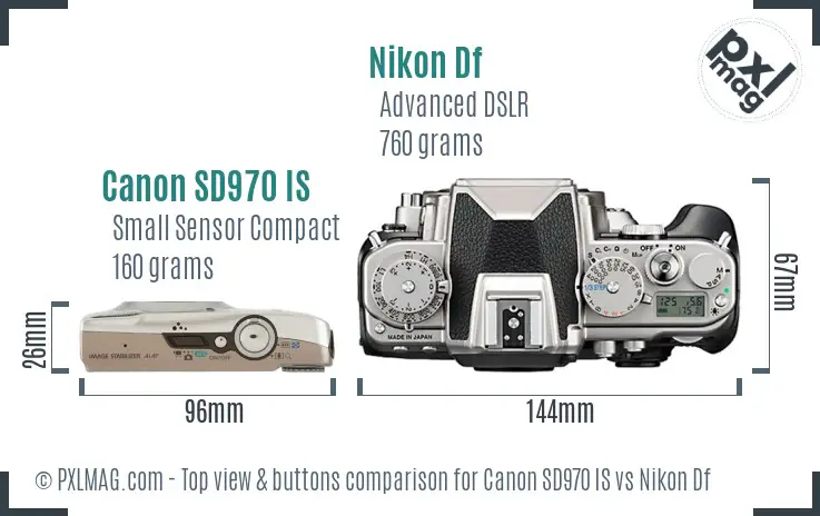 Canon SD970 IS vs Nikon Df top view buttons comparison