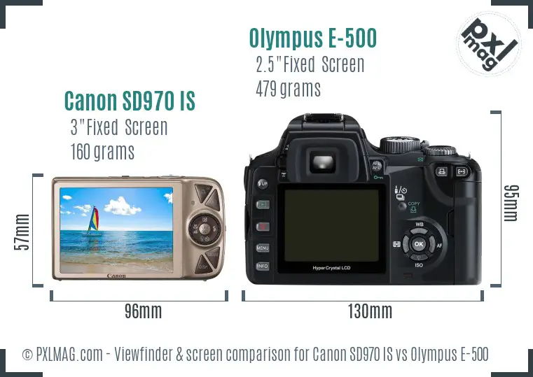 Canon SD970 IS vs Olympus E-500 Screen and Viewfinder comparison