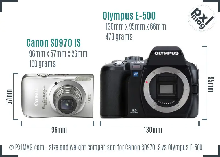 Canon SD970 IS vs Olympus E-500 size comparison