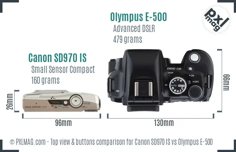 Canon SD970 IS vs Olympus E-500 top view buttons comparison