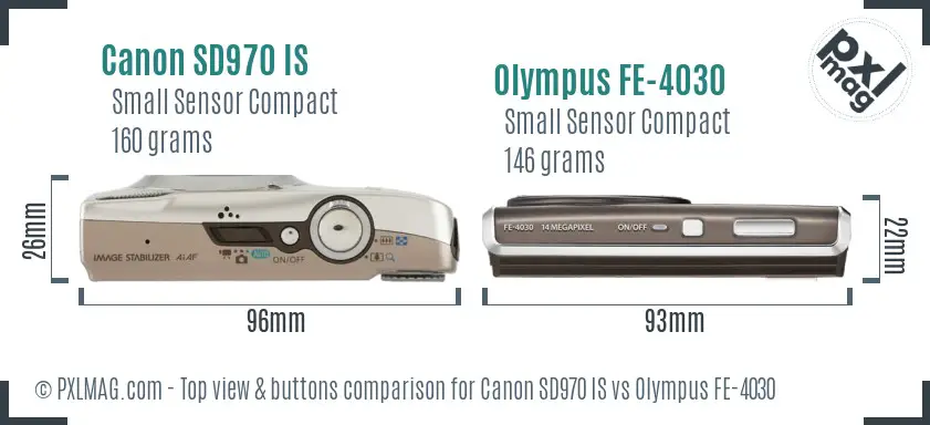 Canon SD970 IS vs Olympus FE-4030 top view buttons comparison