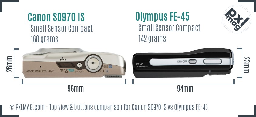 Canon SD970 IS vs Olympus FE-45 top view buttons comparison